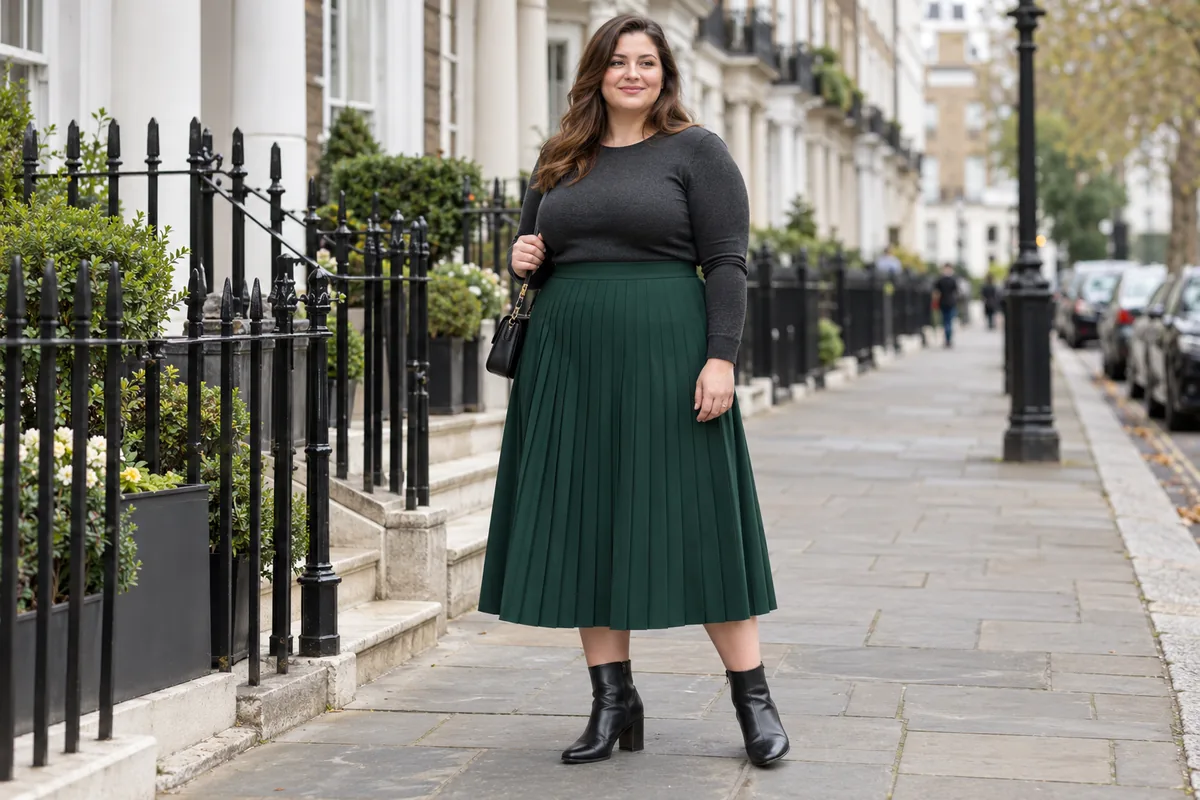 Photo of a plus-size woman wearing a heavy pleated midi skirt with stitched-down pleats and a fitted knit jumper on a city pavement