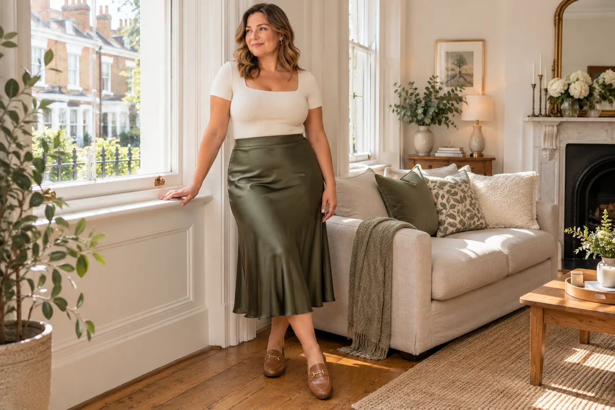 Photo of a mid-size woman wearing a cream ribbed square-neck bodysuit tucked into a high-waisted olive satin midi skirt in a bright UK living room