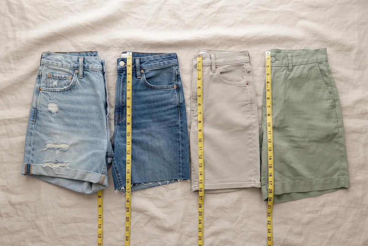 Flat-lay photo of four pairs of high-rise shorts in 3 inch, 5 inch, 7 inch and 9 inch inseam lengths beside a tape measure