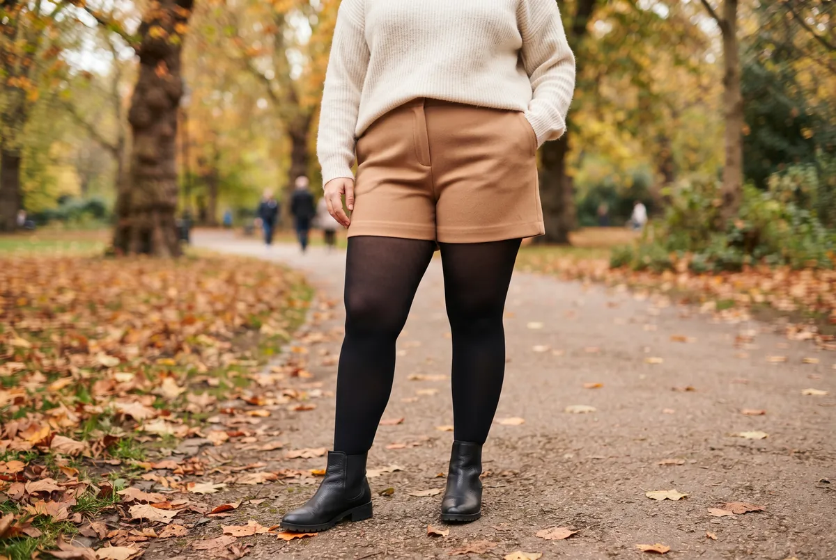 High-rise tailored shorts worn over 80 denier black tights with ankle boots and a loose jumper