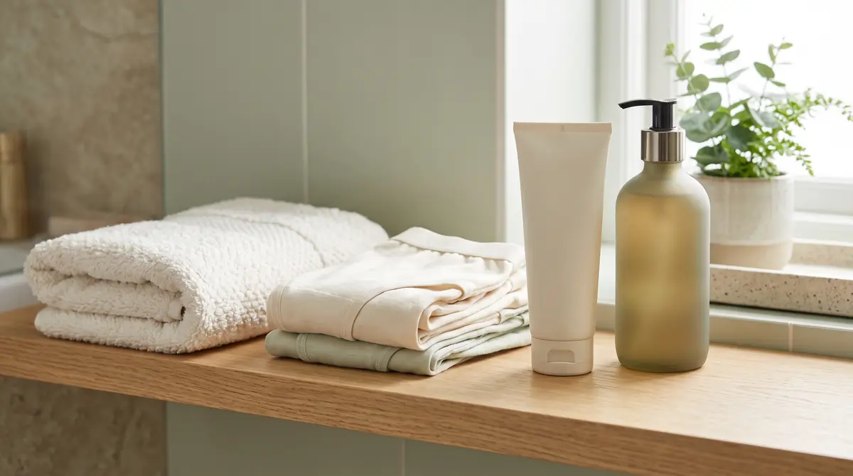 Soft towels, barrier cream and a gentle wash on a bathroom shelf for lower belly skin fold care