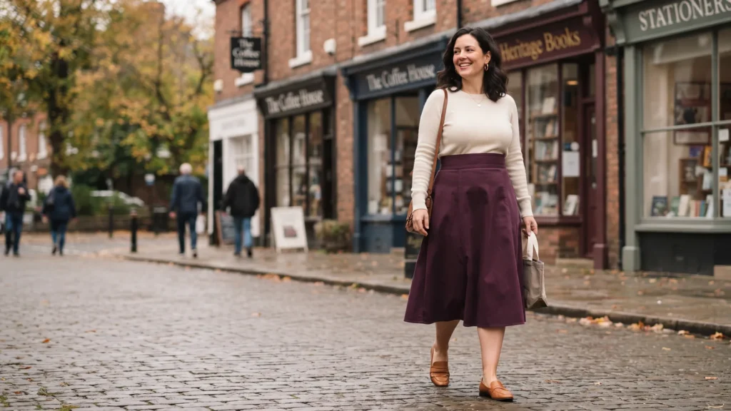 Mid-size woman in a high-waisted A-line midi skirt and a tucked fine knit top walking along a UK high street