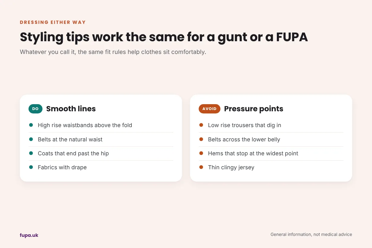 Styling do and avoid list that works for both a gunt and a FUPA, covering waistbands, belts, coat hems and fabrics
