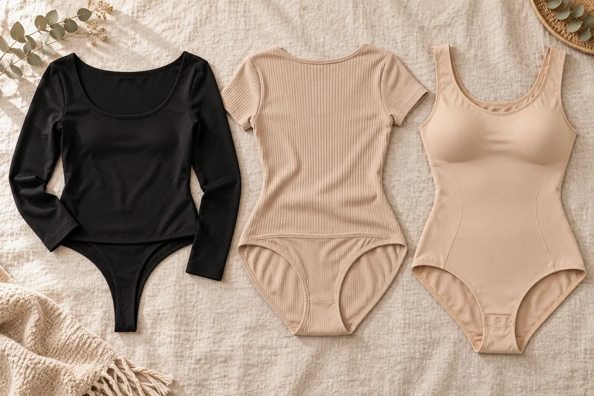 Flat-lay photo of three bodysuits on a linen surface: a black thong bodysuit, a beige brief-back bodysuit and a nude shaping bodysuit with a wide front panel