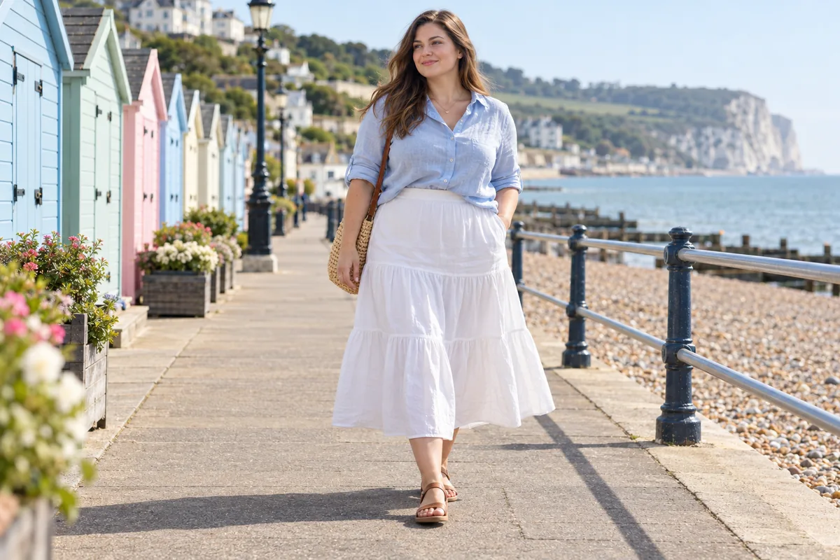 Photo of a mid-size woman in a cotton tiered midi skirt with a smooth top tier and a loosely tucked linen shirt, walking along a UK seaside promenade