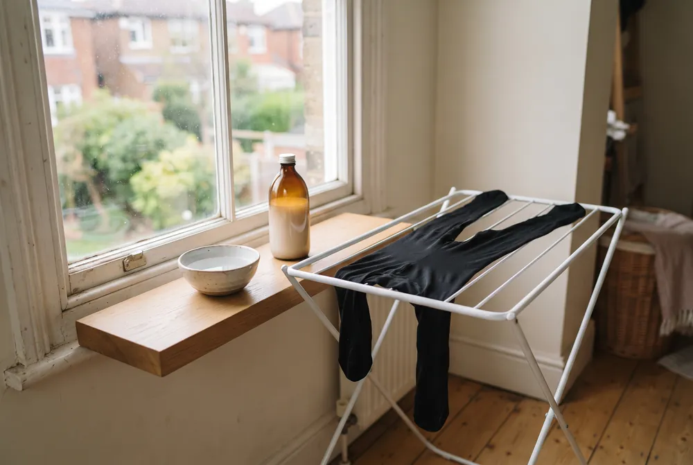 Black tights drying flat on a white clothes airer beside a window