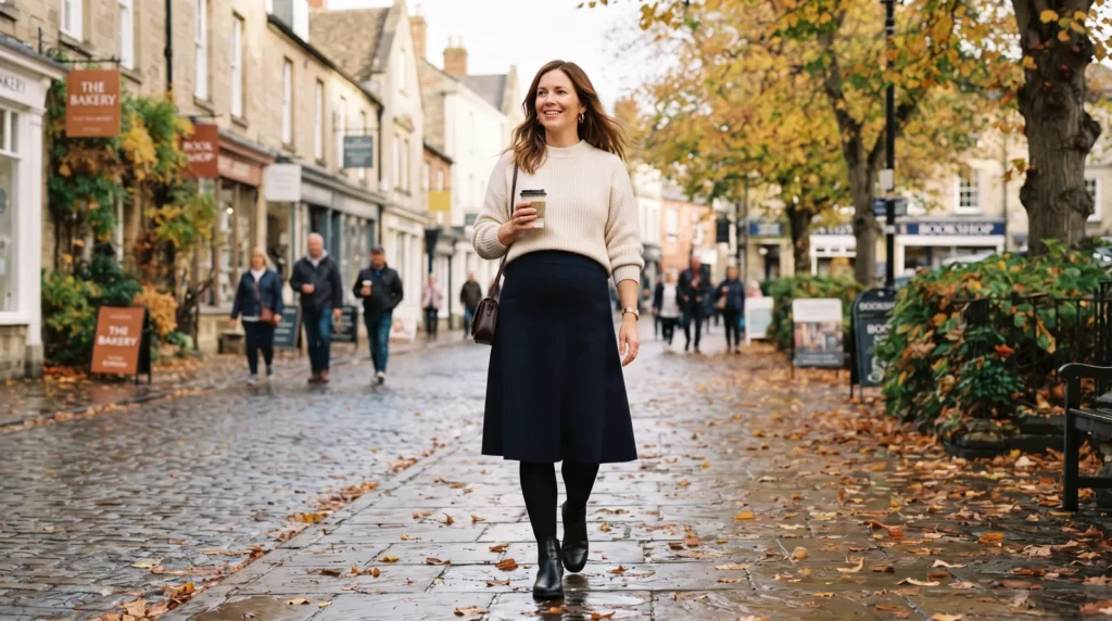 Woman in opaque black tights, a high-waisted A-line skirt and a tucked-in jumper walking down an autumn street