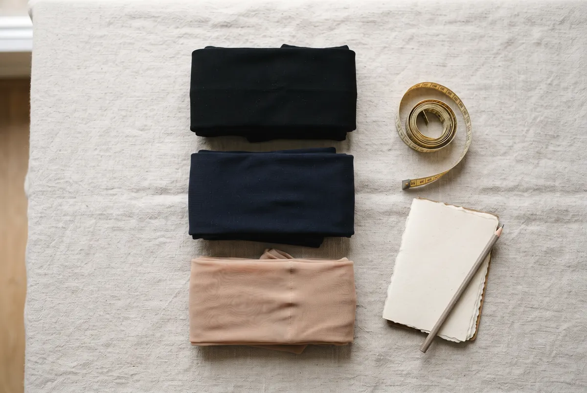 Three pairs of folded tights in black, navy and nude beside a fabric tape measure and notebook