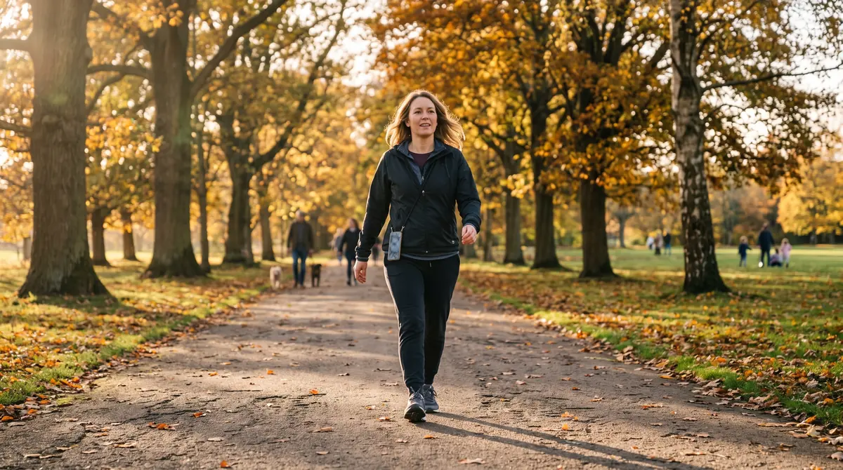 Woman taking a brisk walk through a park in autumn after a meal