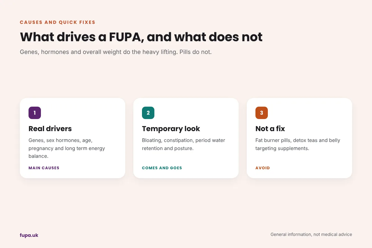 Three cards on FUPA causes: real drivers like genes and hormones, temporary causes like bloating, and false fixes like fat burner pills