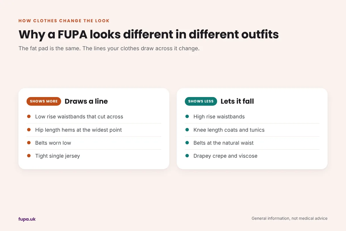 Comparison of clothing details that make a FUPA show more, such as low rise waistbands, and details that let it fall, such as high rise waistbands and drapey fabric