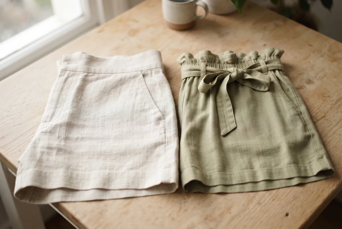 Close-up photo of high-rise linen shorts with a wide flat waistband and side-seam pockets beside paperbag waist shorts with a tie belt