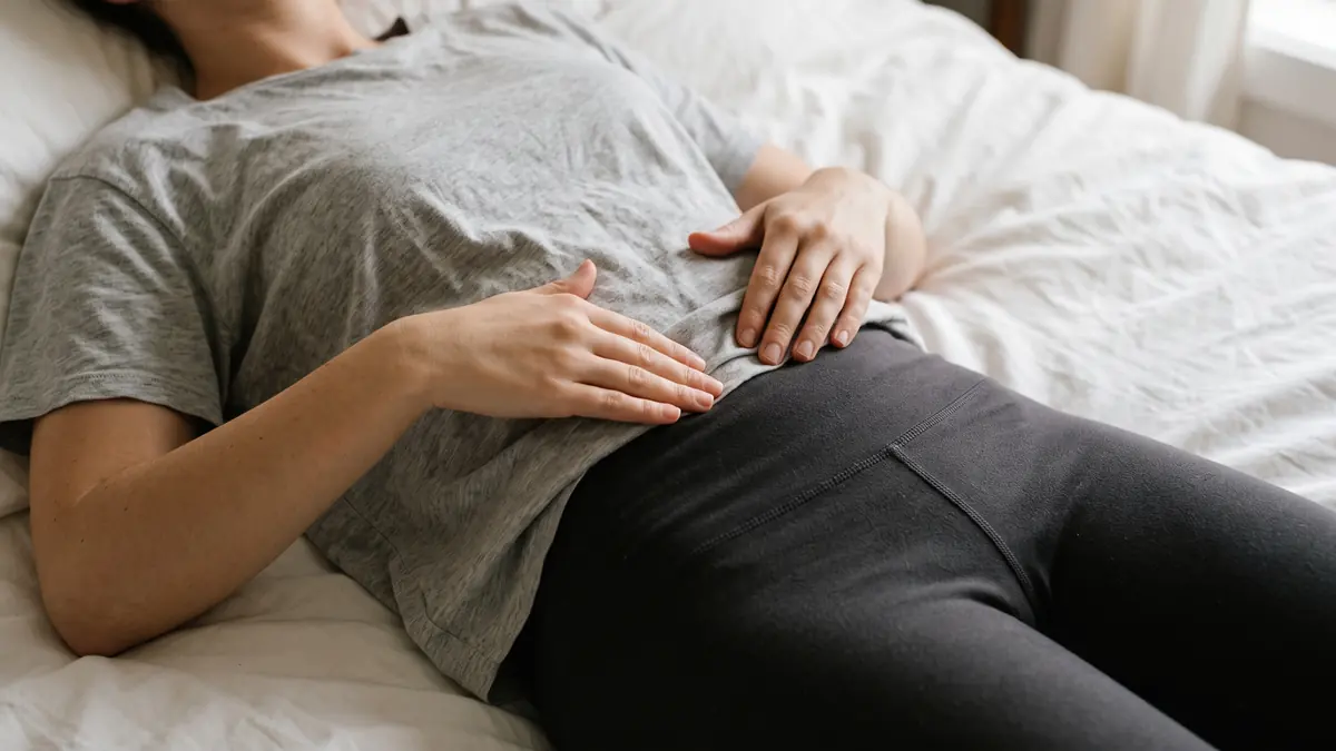 Woman lying on a bed gently feeling her lower tummy through a cotton T-shirt