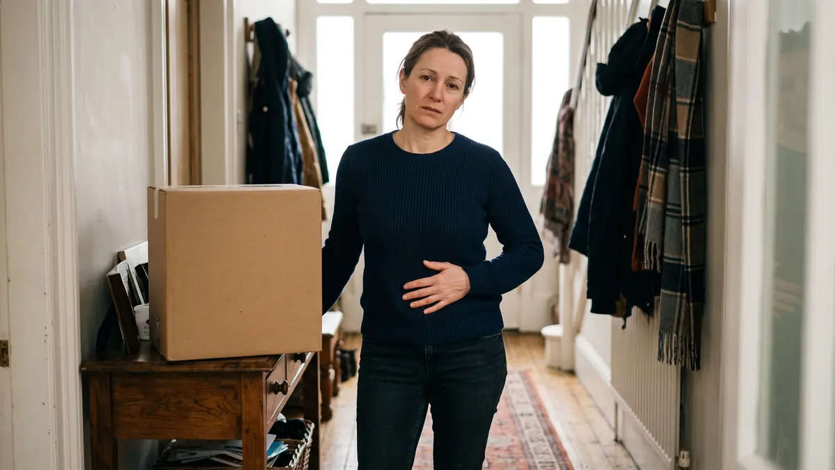 Woman pausing with a hand on her lower tummy after lifting a heavy box in her hallway