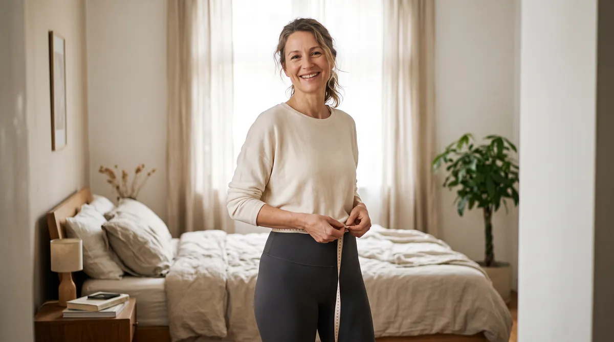 Woman in high-waisted leggings holding a tape measure around her waist at home