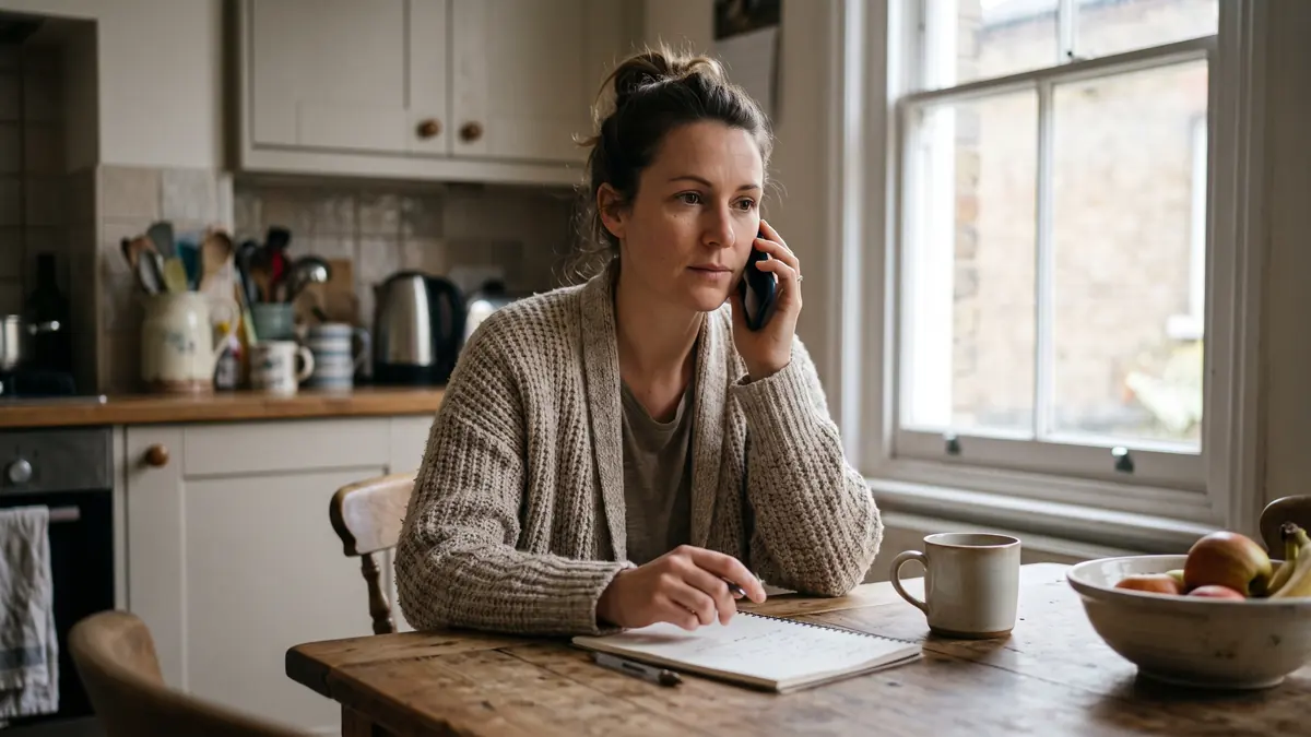 Woman at a kitchen table phoning her GP surgery to book an appointment about a lump