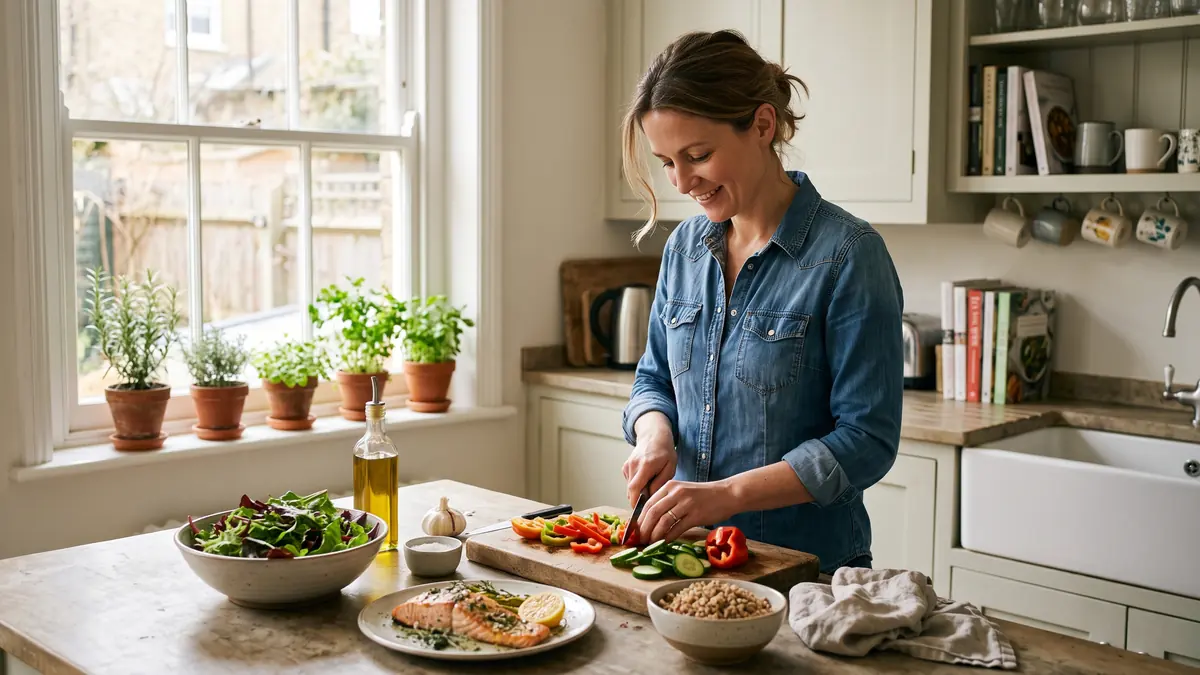 Woman preparing a balanced meal of salmon, vegetables and wholegrains in a bright kitchen