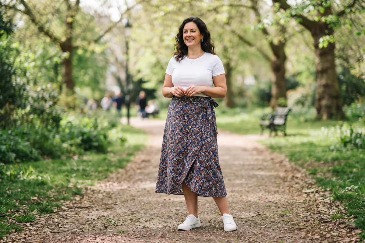 Photo of a mid-size woman in a printed midi wrap skirt tied at the side and a tucked plain top, standing in a UK park