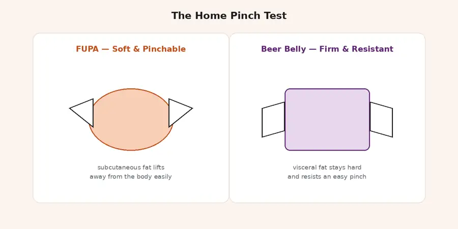 Illustration comparing the pinch test: soft pinchable FUPA fat versus firm, resistant beer belly fat