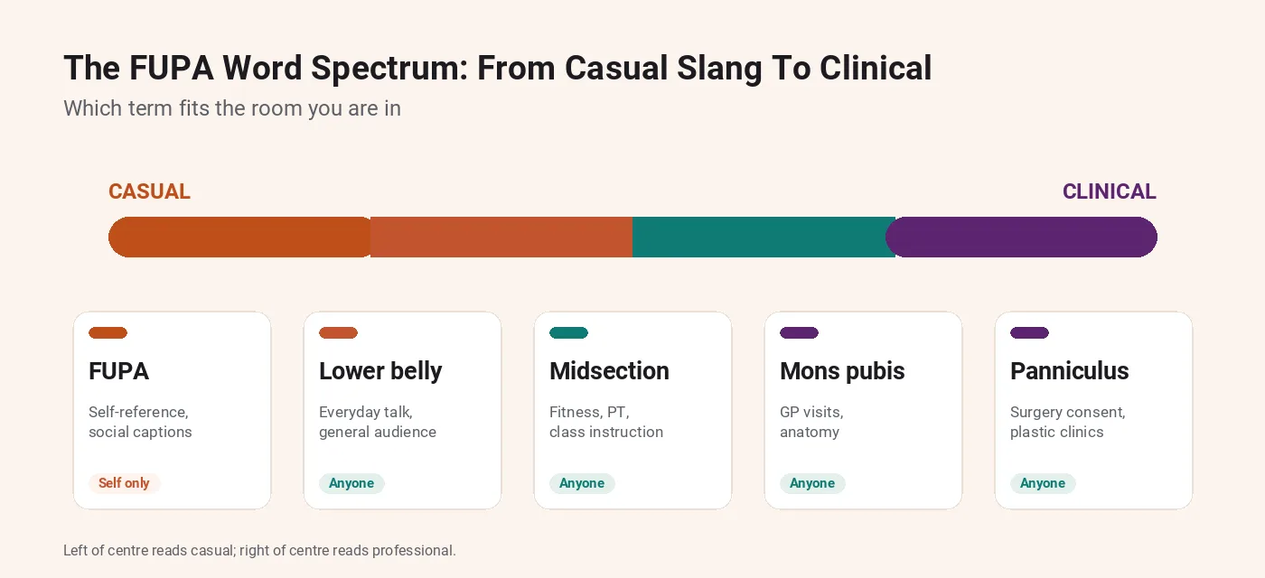 The FUPA word spectrum: casual slang on the left, clinical terms on the right